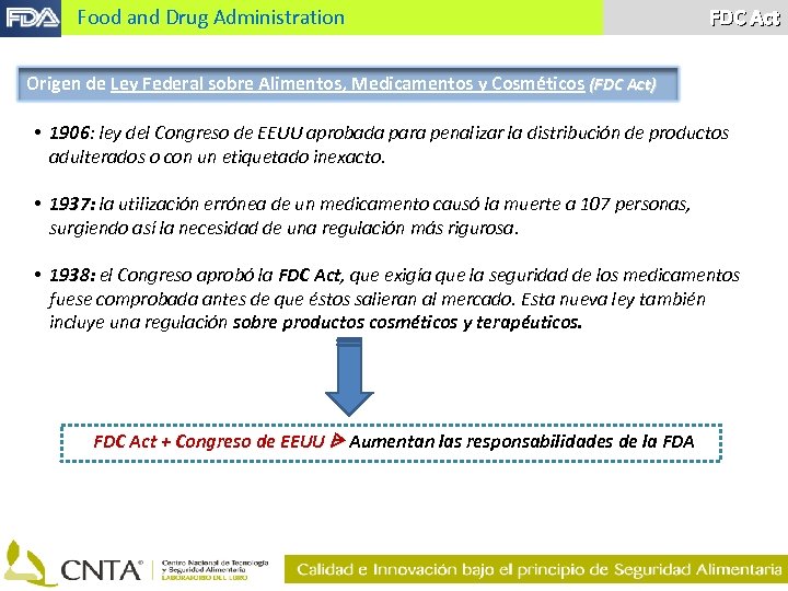 Food and Drug Administration FDC Act Origen de Ley Federal sobre Alimentos, Medicamentos y