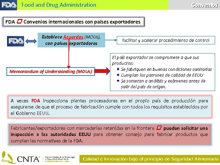 Convenios Food and Drug Administration FDA Convenios internacionales con países exportadores Establece Acuerdos (MOUs),