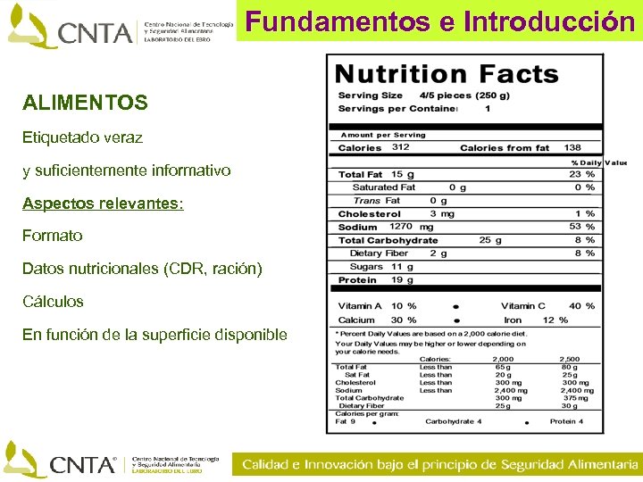 Fundamentos e Introducción ALIMENTOS Etiquetado veraz y suficientemente informativo Aspectos relevantes: Formato Datos nutricionales