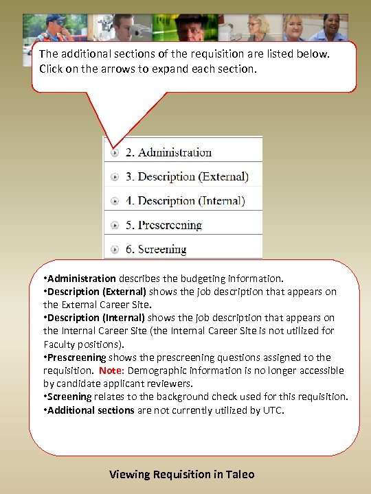 The additional sections of the requisition are listed below. Click on the arrows to