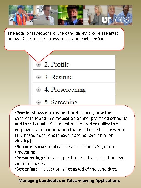 The additional sections of the candidate’s profile are listed below. Click on the arrows