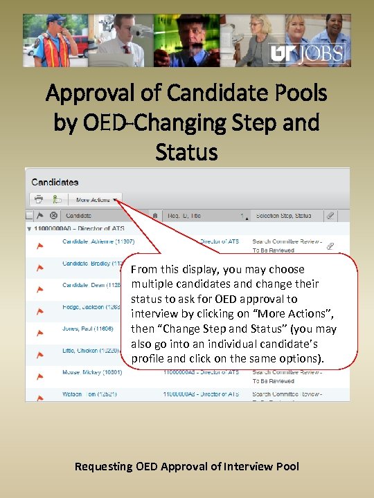 Approval of Candidate Pools by OED-Changing Step and Status From this display, you may