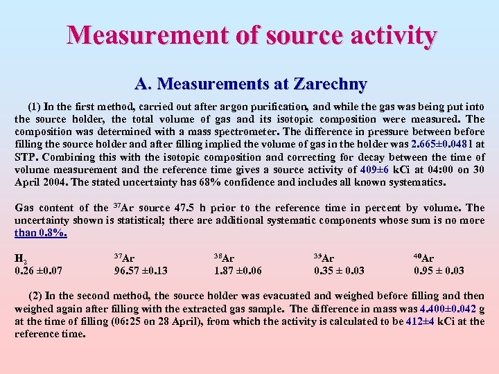 Measurement of source activity A. Measurements at Zarechny (1) In the first method, carried