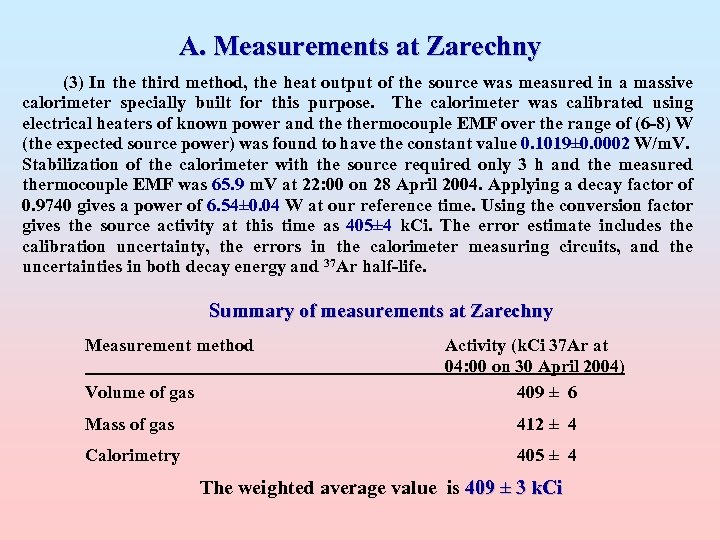 A. Measurements at Zarechny (3) In the third method, the heat output of the