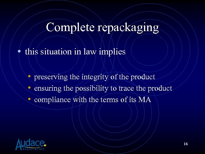 Complete repackaging • this situation in law implies • preserving the integrity of the