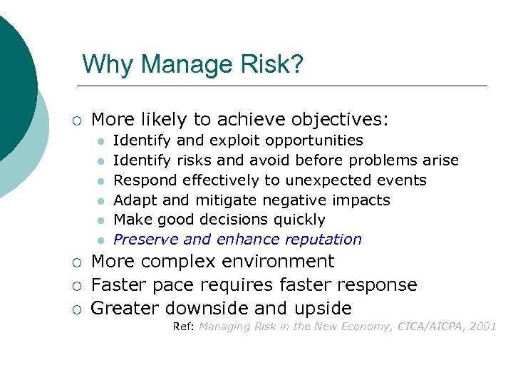 Why Manage Risk? ¡ More likely to achieve objectives: l l l ¡ ¡