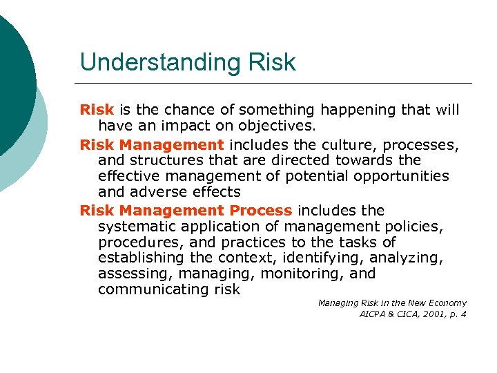 Understanding Risk is the chance of something happening that will have an impact on