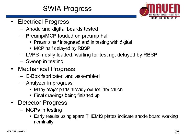SWIA Progress • Electrical Progress – Anode and digital boards tested – Preamp/MCP loaded
