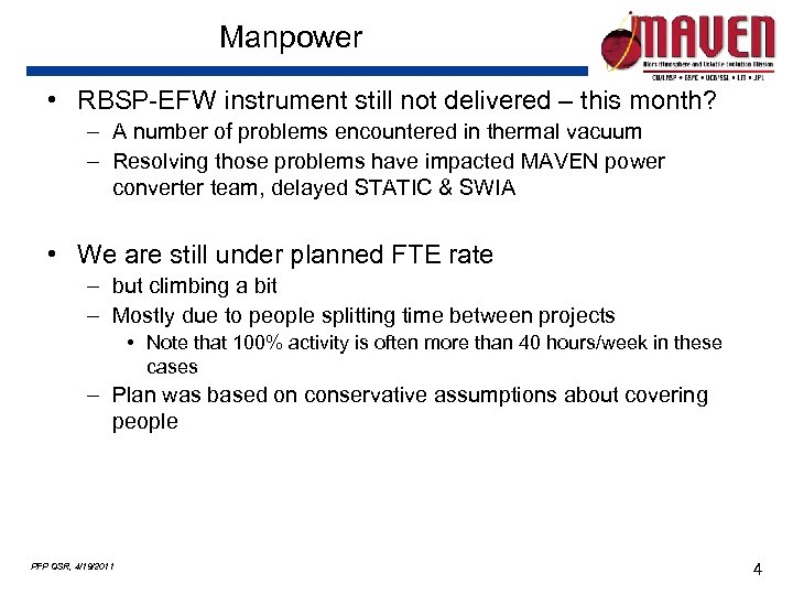 Manpower • RBSP-EFW instrument still not delivered – this month? – A number of