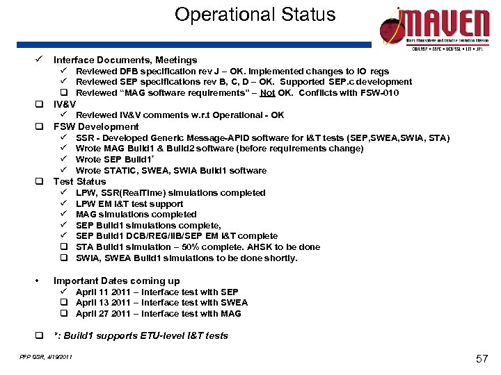 Operational Status ü q q q • Interface Documents, Meetings ü Reviewed DFB specification