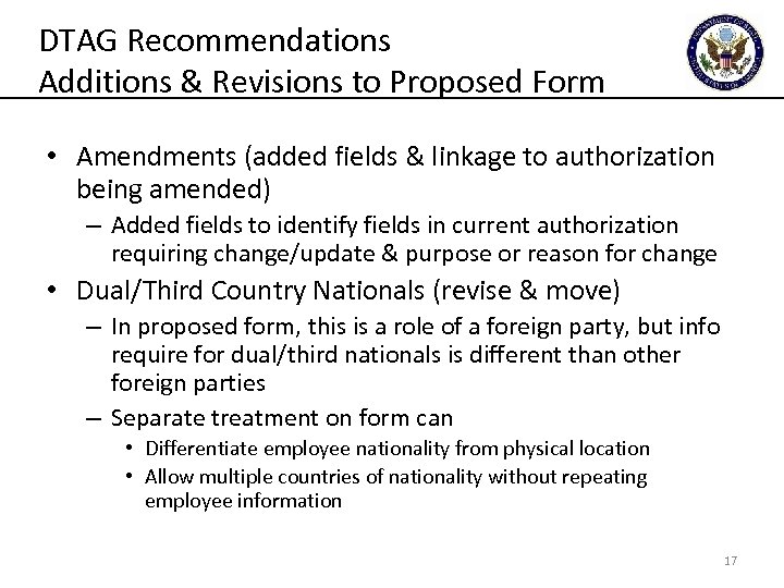 DTAG Recommendations Additions & Revisions to Proposed Form • Amendments (added fields & linkage