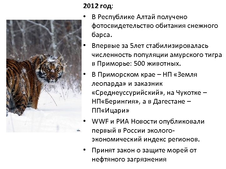 2012 год: • В Республике Алтай получено фотосвидетельство обитания снежного барса. • Впервые за