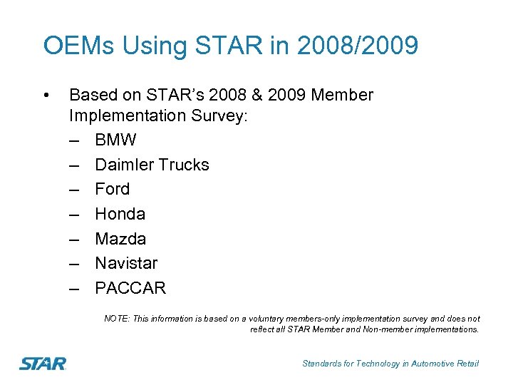 OEMs Using STAR in 2008/2009 • Based on STAR’s 2008 & 2009 Member Implementation