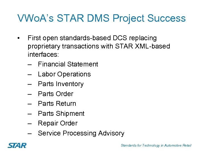 VWo. A’s STAR DMS Project Success • First open standards-based DCS replacing proprietary transactions