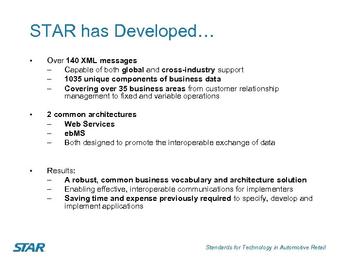 STAR has Developed… • Over 140 XML messages – Capable of both global and