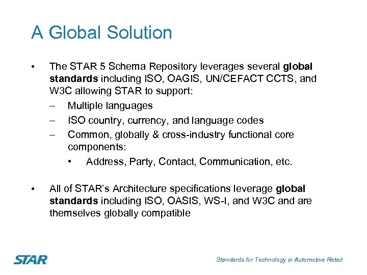 A Global Solution • The STAR 5 Schema Repository leverages several global standards including