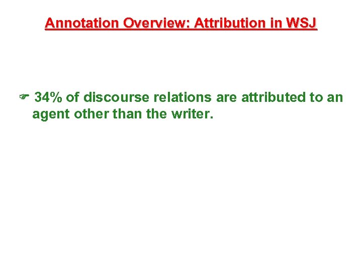 Annotation Overview: Attribution in WSJ 34% of discourse relations are attributed to an agent