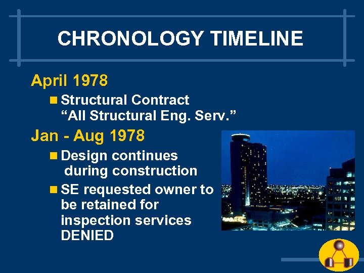 CHRONOLOGY TIMELINE April 1978 n Structural Contract “All Structural Eng. Serv. ” Jan -