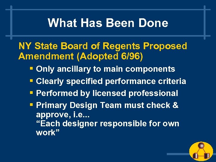 What Has Been Done NY State Board of Regents Proposed Amendment (Adopted 6/96) §
