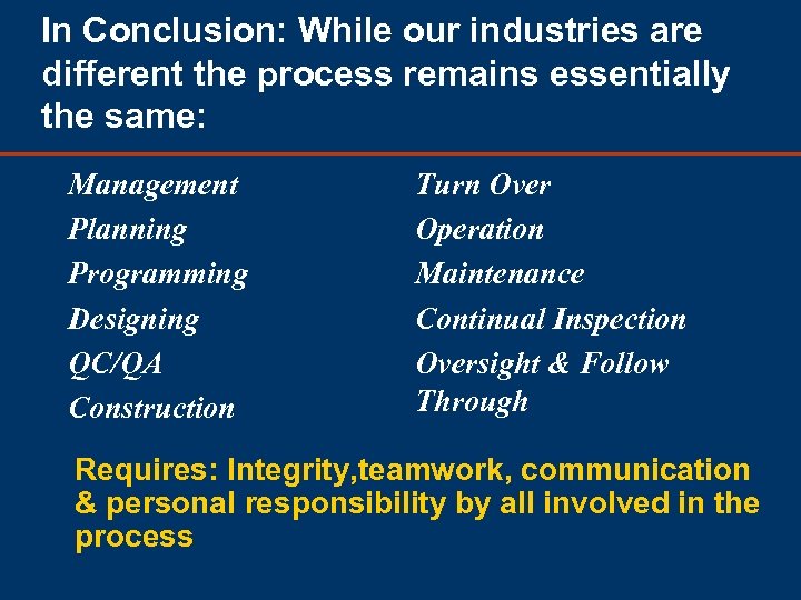 In Conclusion: While our industries are different the process remains essentially the same: Management