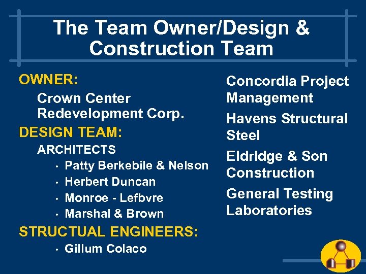 The Team Owner/Design & Construction Team OWNER: Crown Center Redevelopment Corp. DESIGN TEAM: ARCHITECTS