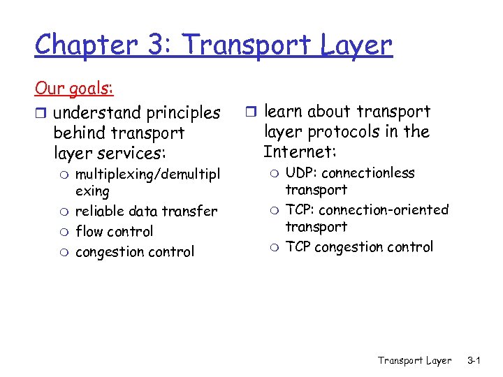 Chapter 3: Transport Layer Our goals: r understand principles behind transport layer services: m