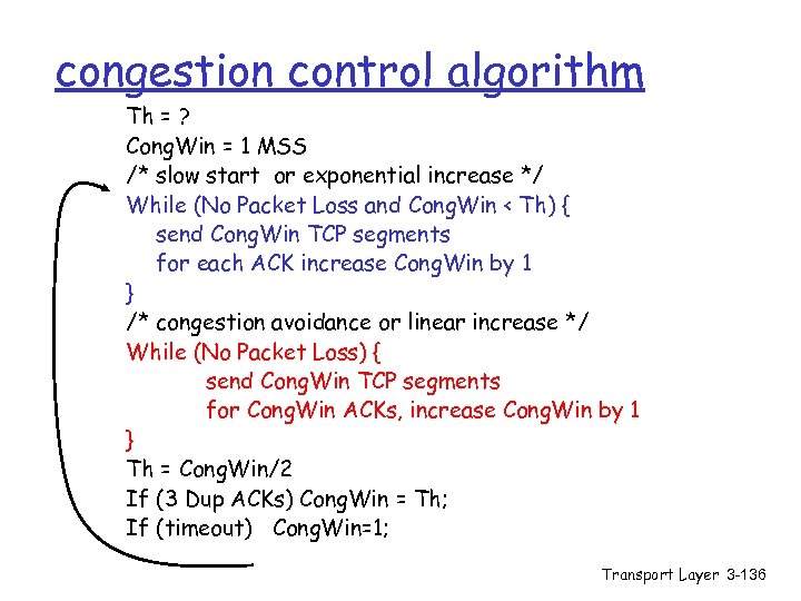 congestion control algorithm Th = ? Cong. Win = 1 MSS /* slow start