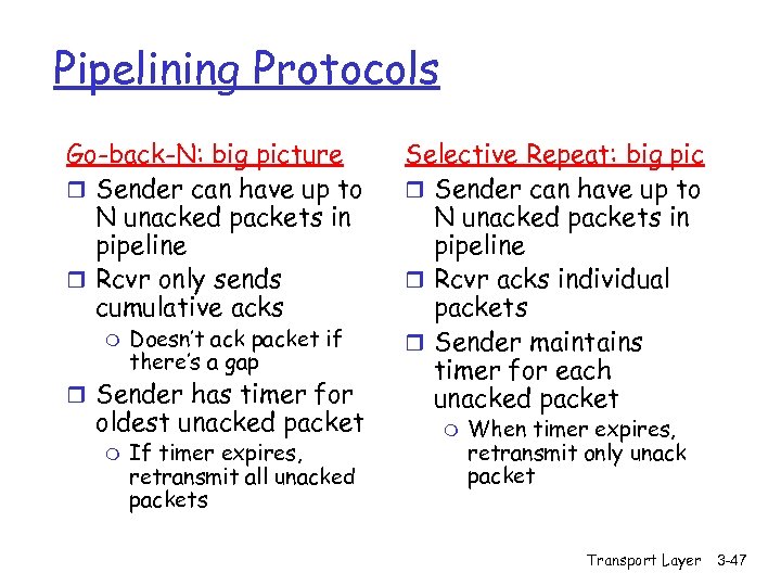 Pipelining Protocols Go-back-N: big picture r Sender can have up to N unacked packets