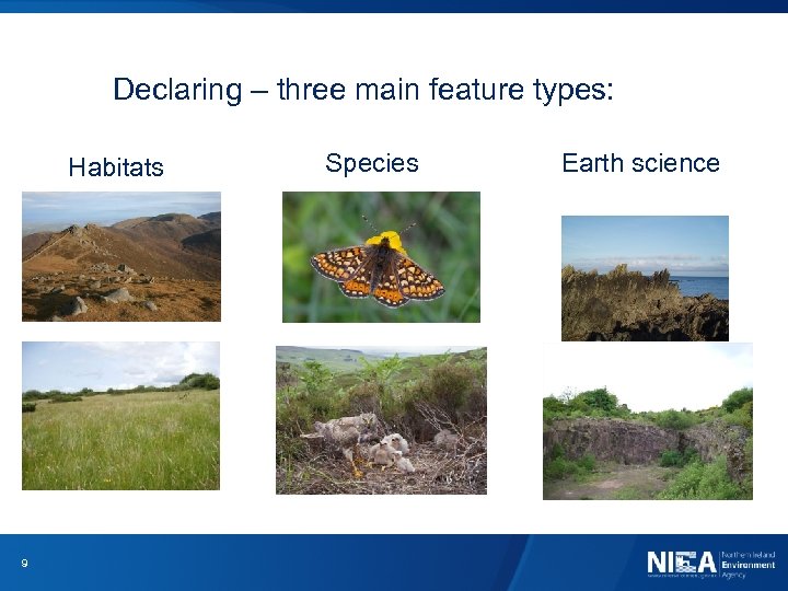 Declaring – three main feature types: Habitats 9 Species Earth science 