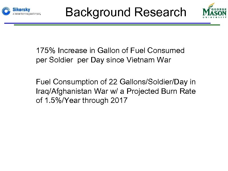 Background Research • 175% Increase in Gallon of Fuel Consumed per Soldier per Day