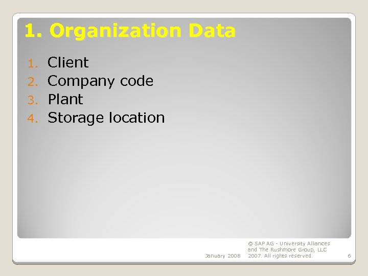 1. Organization Data Client 2. Company code 3. Plant 4. Storage location 1. January