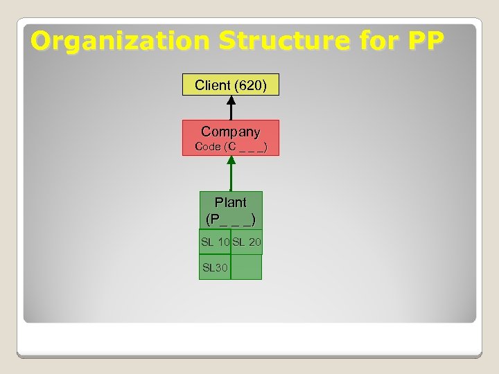 Organization Structure for PP Client (620) Company Code (C _ _ _) Plant (P_