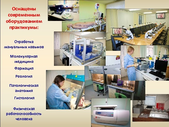 Оснащены современным оборудованием практикумы: Отработка мануальных навыков Молекулярная медицина Фармация Реология Патологическая анатомия Гистология