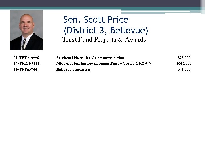 Sen. Scott Price (District 3, Bellevue) Trust Fund Projects & Awards 10 -TFTA-6005 07