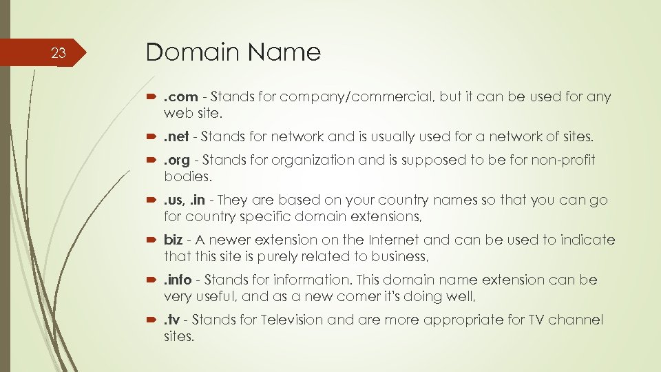 23 Domain Name . com - Stands for company/commercial, but it can be used