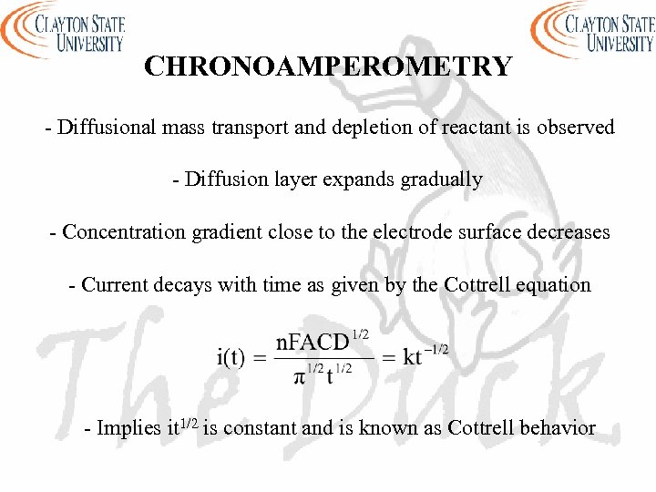 CHRONOAMPEROMETRY - Diffusional mass transport and depletion of reactant is observed - Diffusion layer