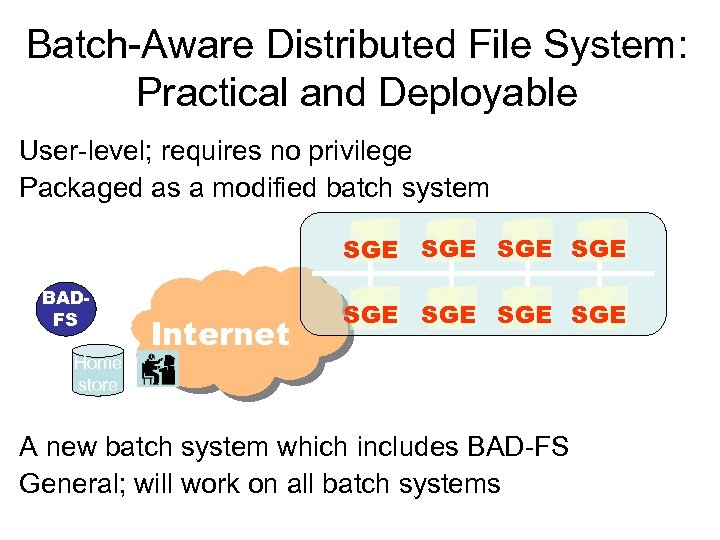 Batch-Aware Distributed File System: Practical and Deployable User-level; requires no privilege Packaged as a