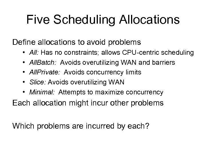 Five Scheduling Allocations Define allocations to avoid problems • • • All: Has no