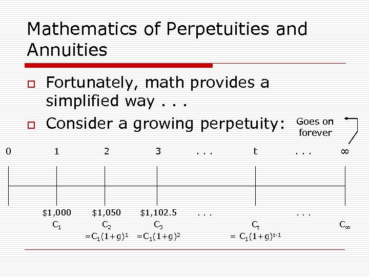 Mathematics of Perpetuities and Annuities o o 0 Fortunately, math provides a simplified way.