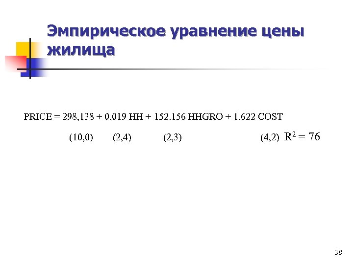 Эмпирическое уравнение цены жилища PRICE = 298, 138 + 0, 019 НН + 152.