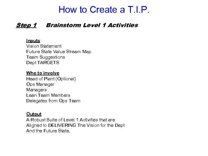 How to Create a T. I. P. Step 1 Brainstorm Level 1 Activities Inputs