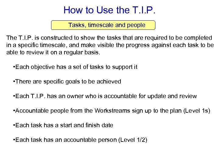 How to Use the T. I. P. Tasks, timescale and people The T. I.