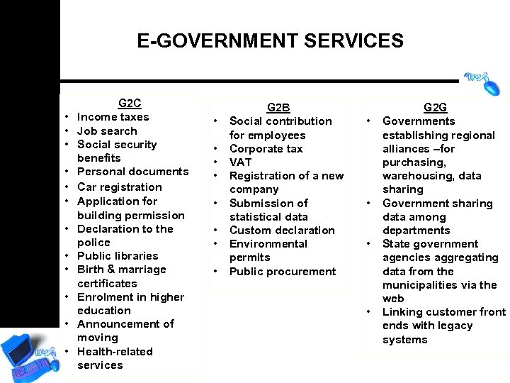 E-GOVERNMENT SERVICES • • • G 2 C Income taxes Job search Social security