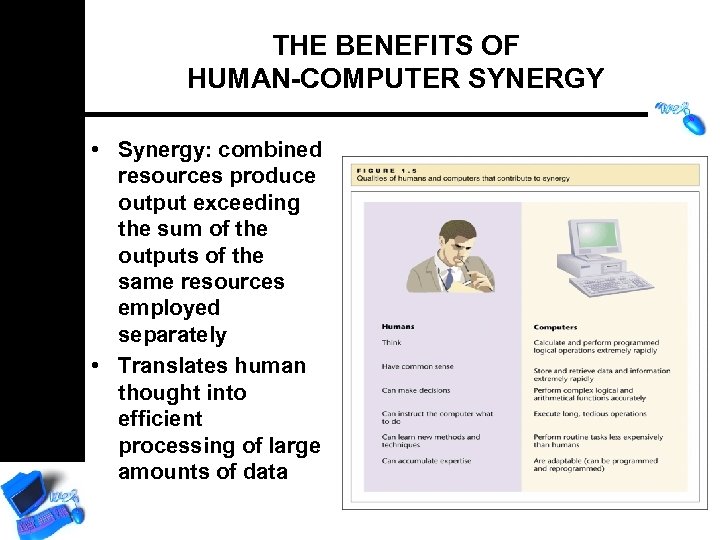 THE BENEFITS OF HUMAN-COMPUTER SYNERGY • Synergy: combined resources produce output exceeding the sum