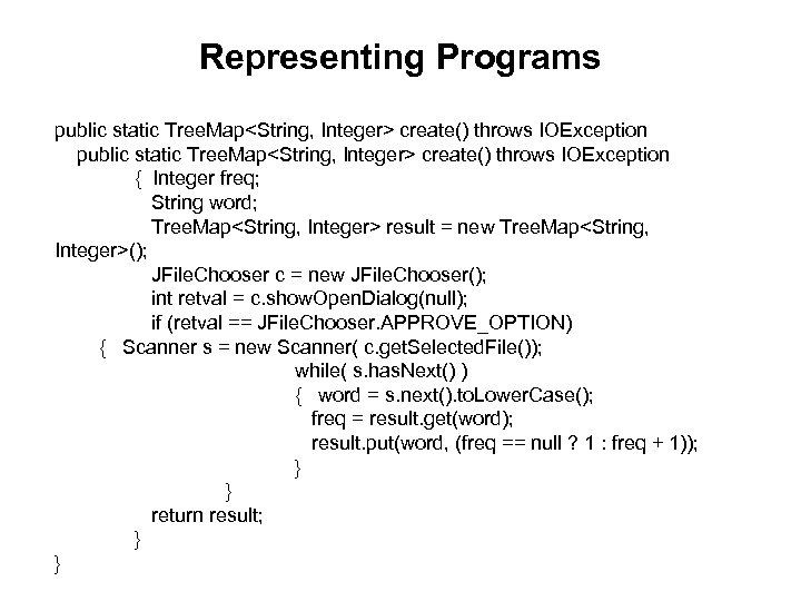 Representing Programs public static Tree. Map<String, Integer> create() throws IOException { Integer freq; String