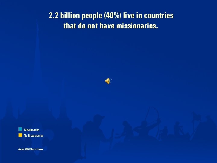 2. 2 billion people (40%) live in countries that do not have missionaries. Missionaries