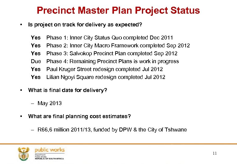 Precinct Master Plan Project Status • Is project on track for delivery as expected?