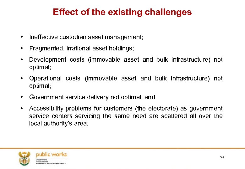 Effect of the existing challenges • Ineffective custodian asset management; • Fragmented, irrational asset