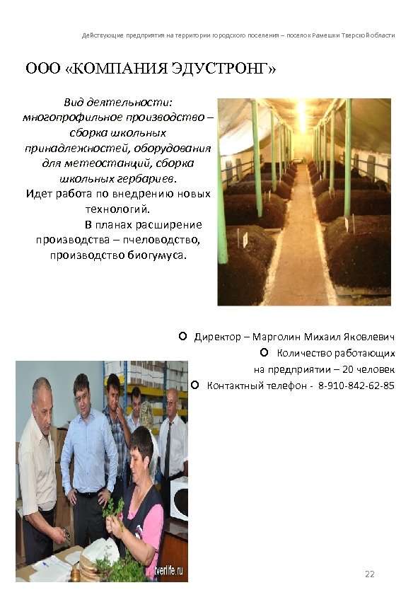 Действующие предприятия на территории городского поселения – поселок Рамешки Тверской области ООО «КОМПАНИЯ ЭДУСТРОНГ»