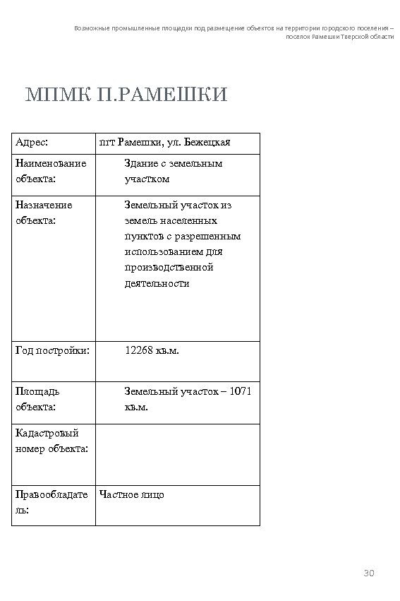 Возможные промышленные площадки под размещение объектов на территории городского поселения – поселок Рамешки Тверской